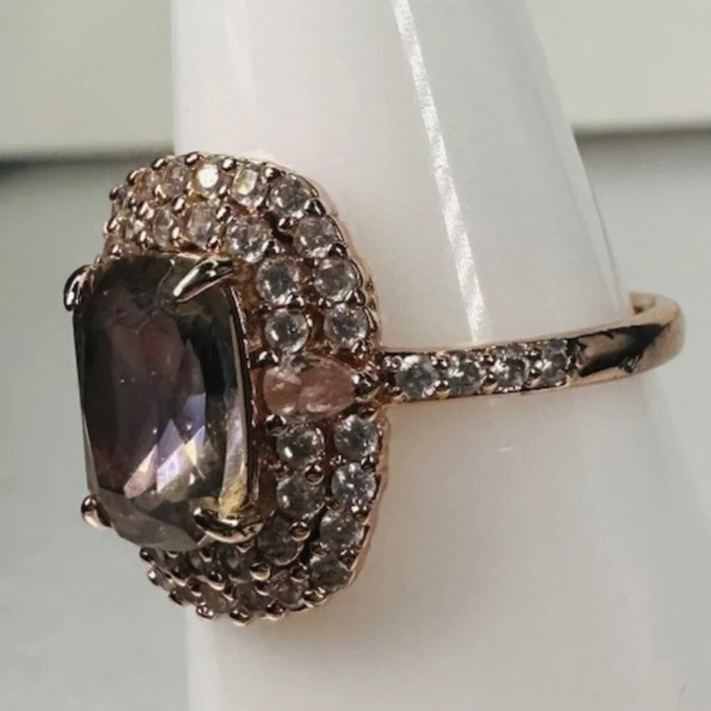 Bomb Party Ring Size 6 Rose Gold Smoky Lavender Cushion Halo Statement Ring